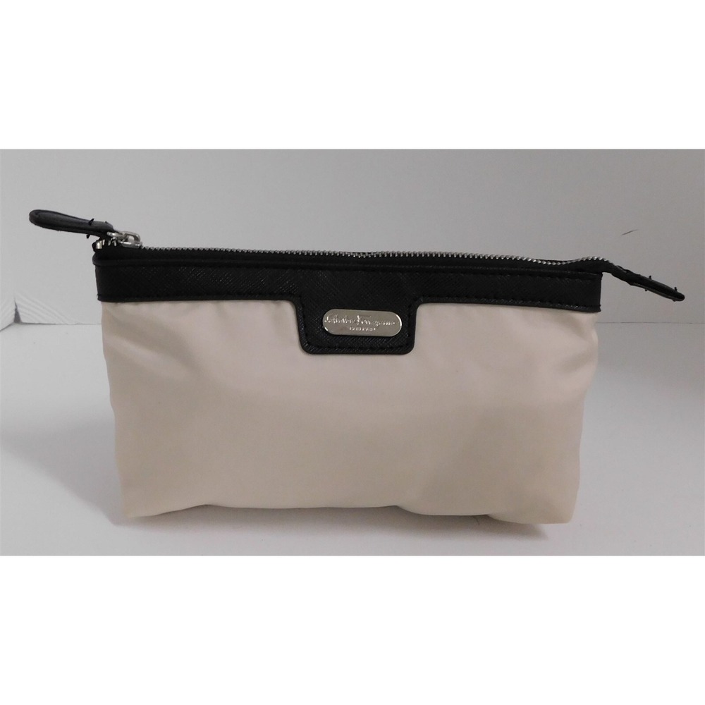 New Salvatore Ferragamo Beige Nylon‎ Black Zip Top Small Cosmetic Clutch Bag